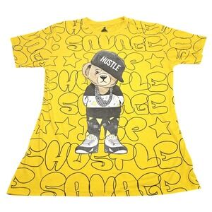 Launder T-Shirt Mens Large Yellow Savage Hustle Drip Bear Graphic Streetwear